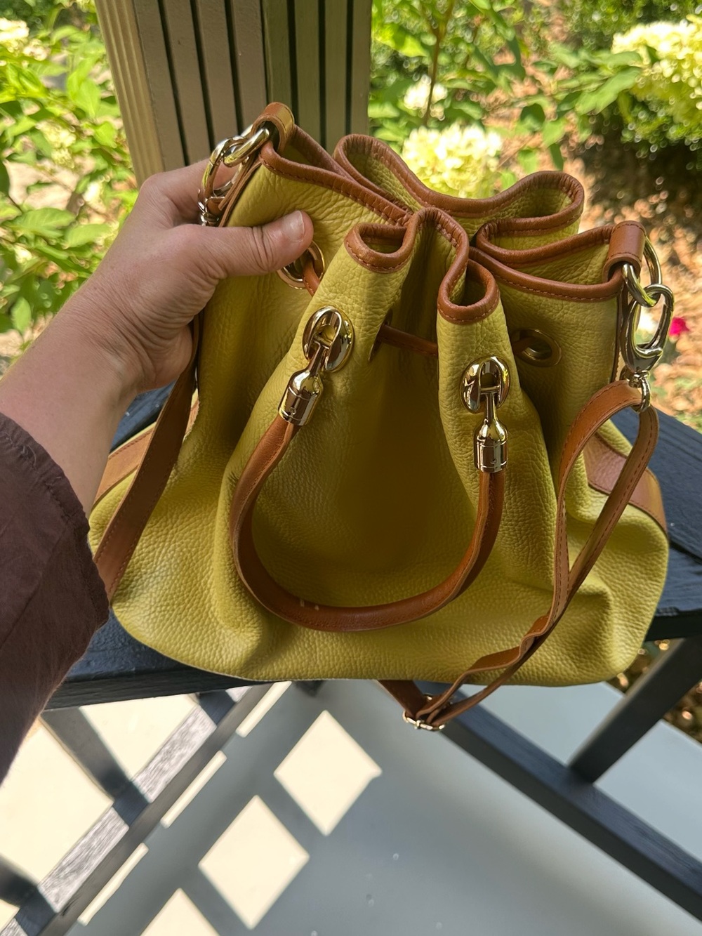 Valentina Italia Yellow Leather Drawstring Shoulder Bag with Brown Trim - Picture 5 of 13